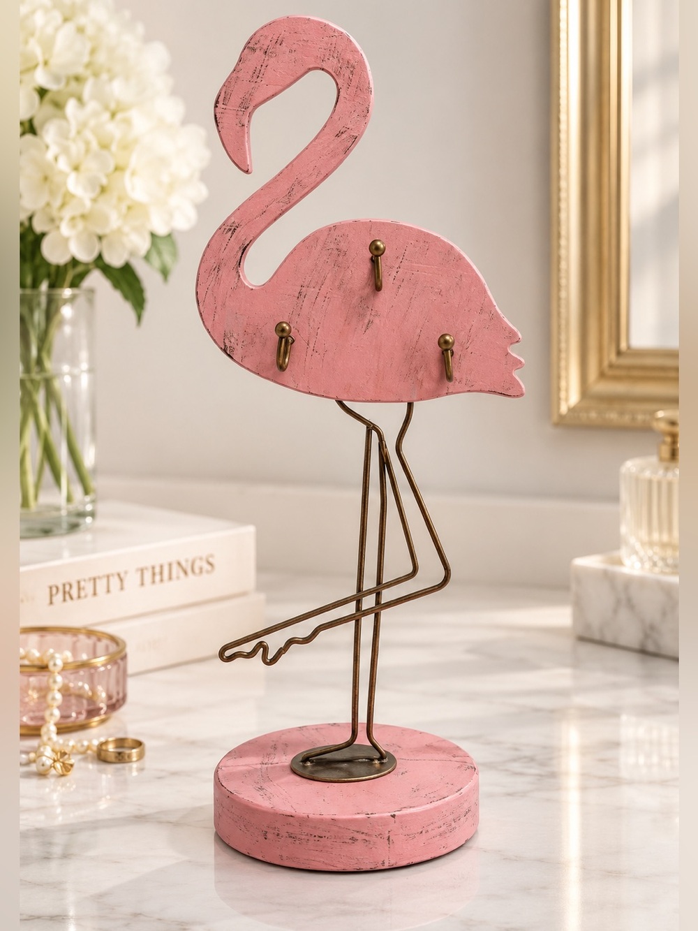 Pink Flamingo Jewelry Organizer Stand with Hooks